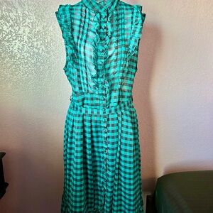 Sleeveless Ruffle-Front Green Plaid Midi Dress